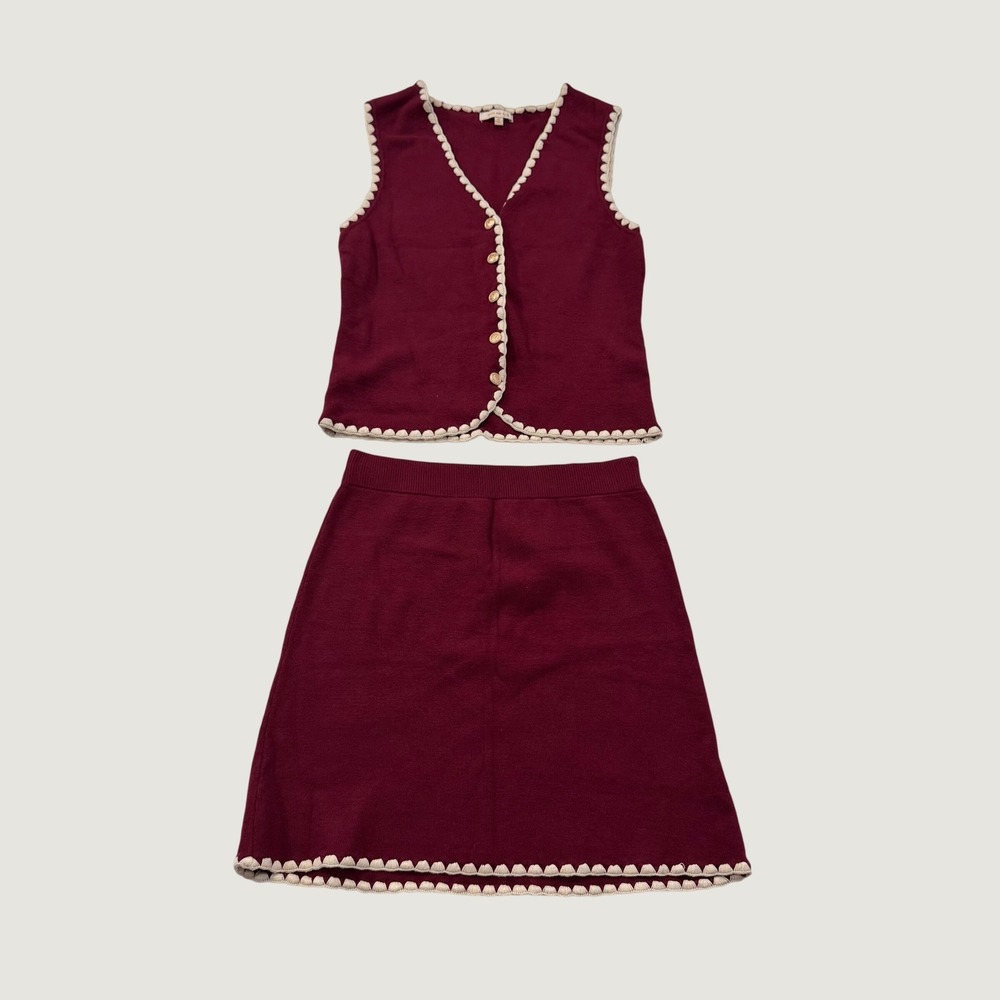 Skies Are Blue Skirt Set Womens XS Burgundy Cream Scallop Knit Vest Two Piece